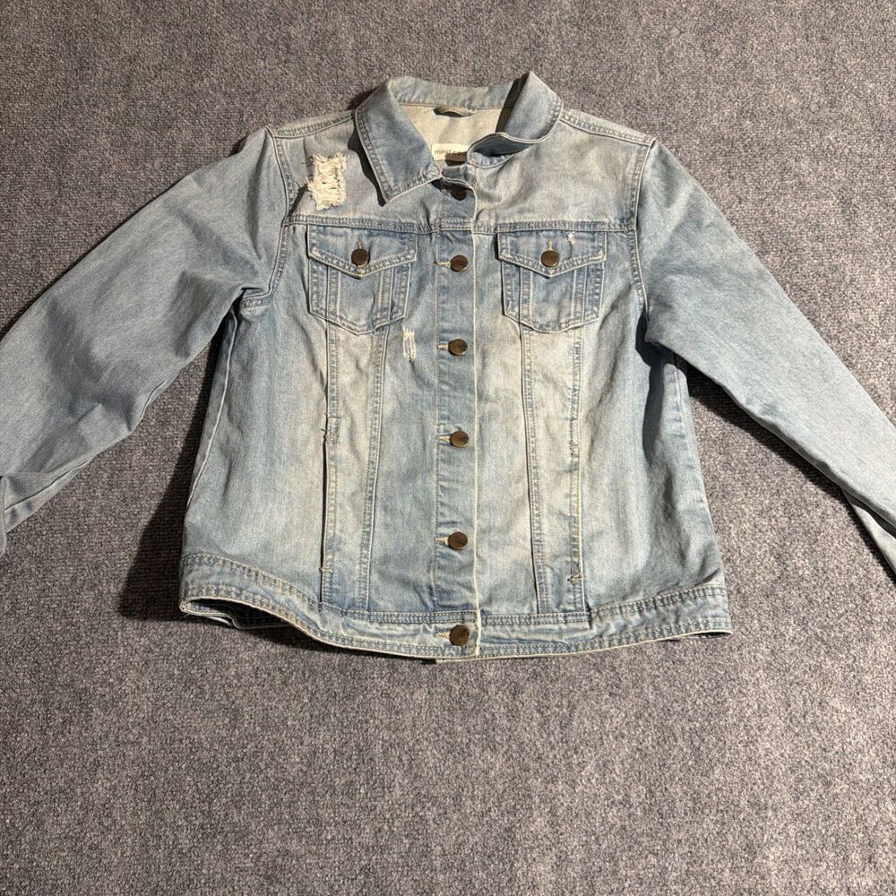 Mind Code Denim Jean Jacket Womens Junior Large Blue Distressed Light Wash